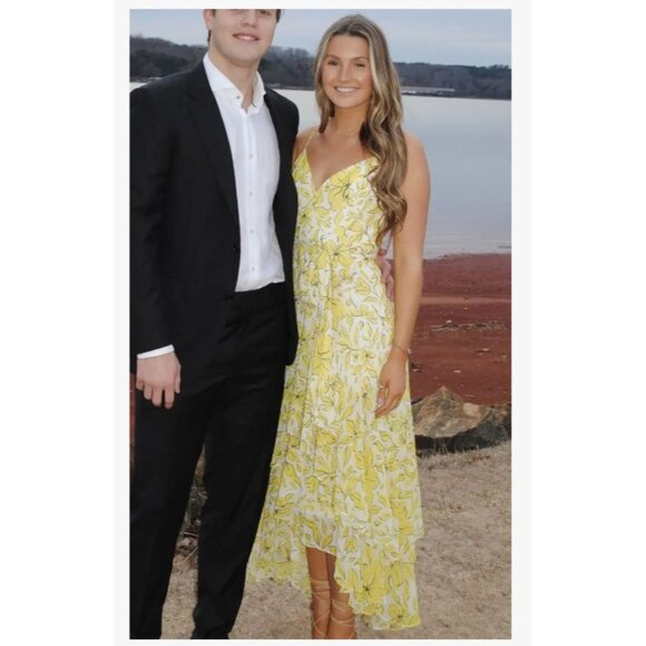 Badgley Mischka Womens Floral Print Dress in Yellow 0 Long Gown Maxi - Picture 9 of 14